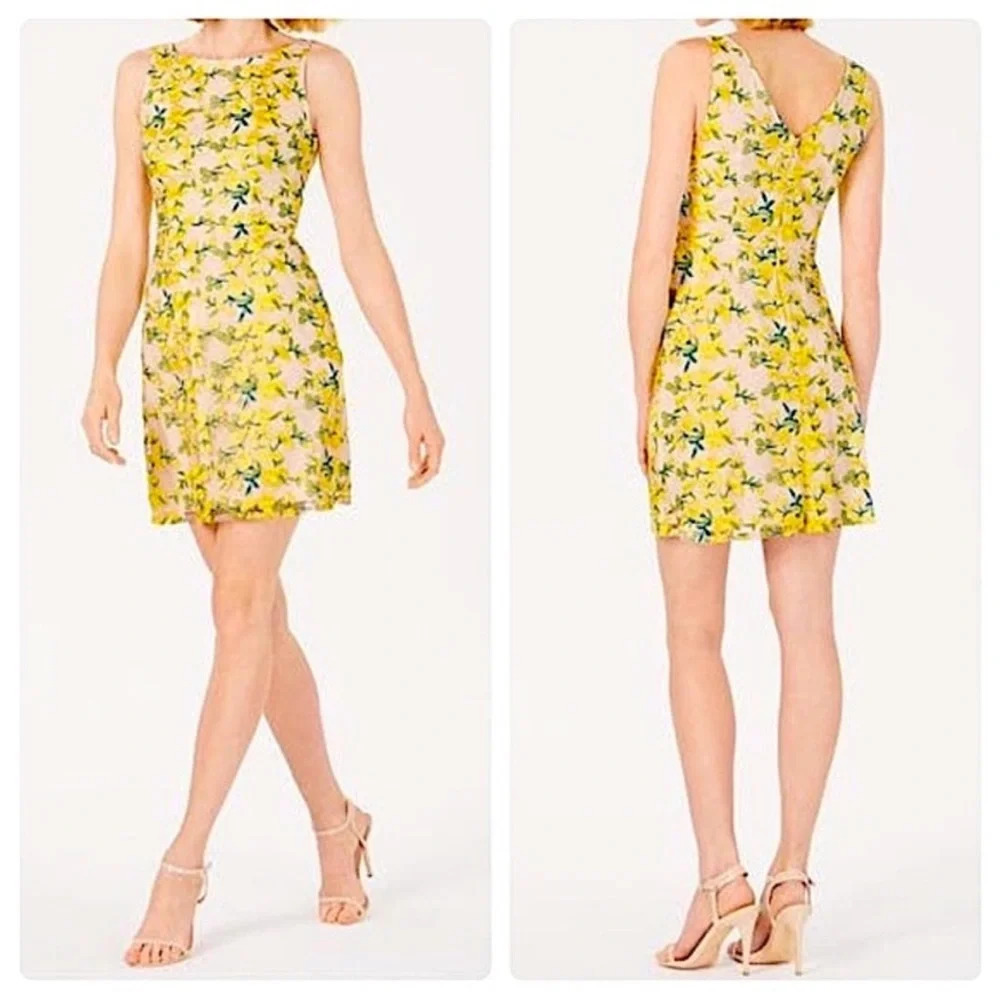 ADRIANNA PAPELL Yellow Floral Aline Sleeveless Lined Mini Dress